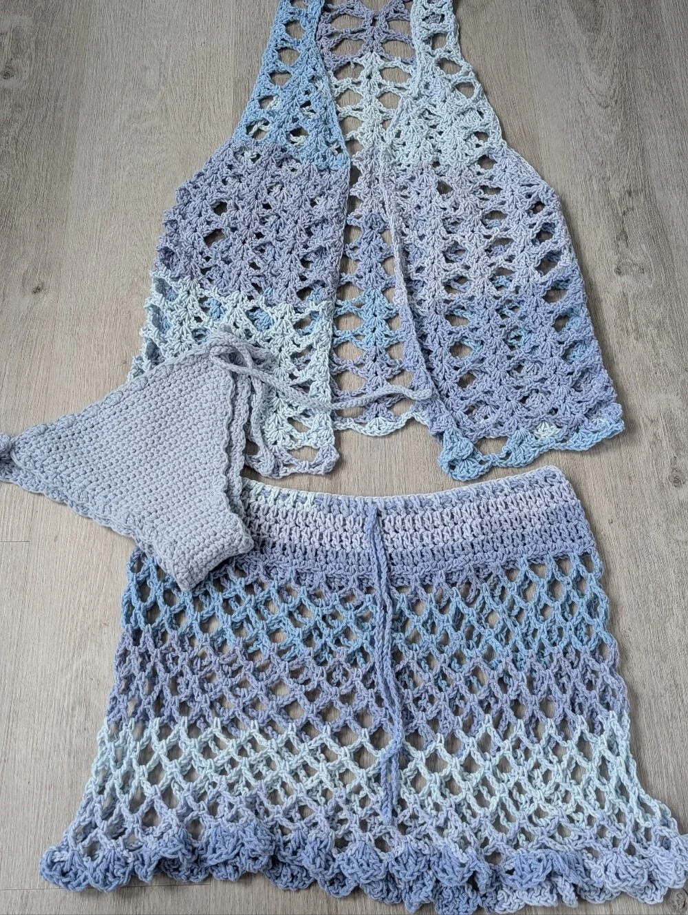 Handmade Boho Festival Crochet Blue Ombré 3-piece Swim Cover Up Set S-M - Picture 3 of 8